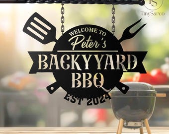 Personalized Backyard BBQ Metal Sign, BBQ Grill Metal Wall Decor, Dad Gifts, Barbecue Sign Outdoor Decoration, Welcome Sign, Patio sign gift