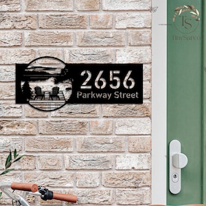 Personalized Lake House Metal Address Sign, Custom Tree Dock on Lake Scene Sunset House number Hanging Address Plaque Yard, Outdoor Garden