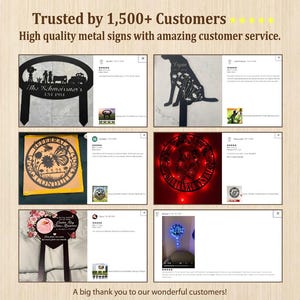 May include: A collage of metal signs and customer reviews. The signs include a tractor scene, a dog silhouette, a butterfly design, and a heart-shaped sign. The text reads "Trusted by 1,500+ Customers."