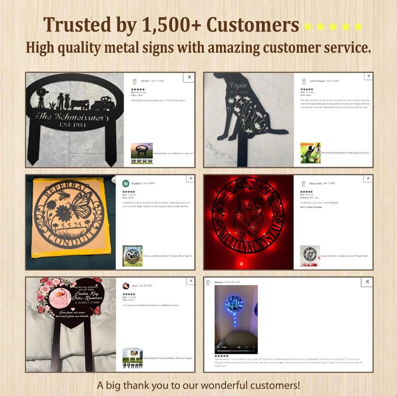 May include: A collage of metal signs and customer reviews. The signs include a tractor scene, a dog silhouette, a butterfly design, and a heart-shaped sign. The text reads "Trusted by 1,500+ Customers."