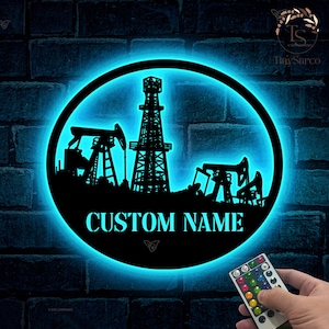 Personalized Oil Field Hanger Metal Wall Art LED Lights, Custom Oil Rig Derrickhand Name Sign Home Decor Derrickman Decoration Birthday Gift