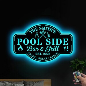 Personalized Metal Family PoolSide Bar and Grill Sign LED,Pool and Bar,Tiki Bar,Bar and Grill,Pool Oasis,Custom Sign for Pool Bar,Lake house
