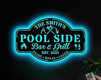 Letrero LED personalizado de metal para bar y parrilla junto a la piscina, para la familia, para piscina y bar, bar Tiki, bar y parrilla, oasis en la piscina, letrero personalizado para bar en la piscina, casa en el lago