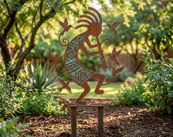 Kokopelli Gartenstecker, Metall Kolibri Yard Art, Blumenbeet Dekor im Freien, Südwesten Terrasse Zeichen