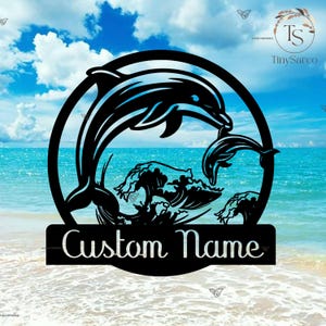 Metalen bord dolfijn gepersonaliseerd, dolfijn muurdecoratie familienaambord, aangepaste dolfijnnaam lasergesneden metalen muurkunst, dolfijn woondecoratie, cadeau