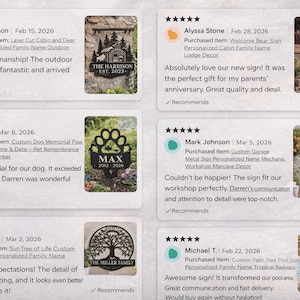 May include: Reviews of personalized metal signs, including a cabin and deer design, a bear welcome sign, a dog memorial paw print, a garage sign, a tree of life design, and a palm tree sign. Each sign is custom-made.