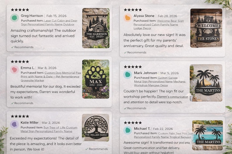 May include: Reviews of personalized metal signs, including a cabin and deer design, a bear welcome sign, a dog memorial paw print, a garage sign, a tree of life design, and a palm tree sign. Each sign is custom-made.