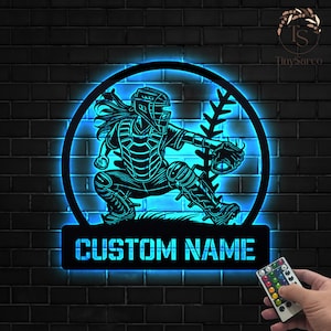 Customized Softball Catcher Metal Wall Art With Led Lights, Catcher Girl Signs, Birthday Gift Dorm Decoration Gifts For Daughter Sport Lover