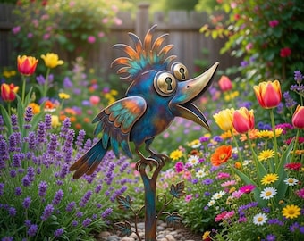 Funny Bird Garden Decor, Whimsical Metal Yard Art, Unique Gift for Garden Lovers