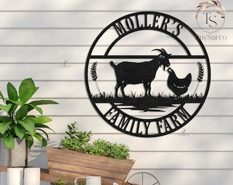 Kundenspezifisches Huhn und Ziege Zeichen | Ziege und Huhn Metall Wand Kunst | Personalisiertes Hühner- und Ziegen-Ranch Farmschild | Ziege und Huhn Metallschild