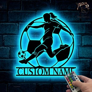 Personalized  Female Soccer Metal Wall Art with LED Lights - Custom Girl Football Player Lover Sign Home Decor - Ideal for Home Decor & Gift