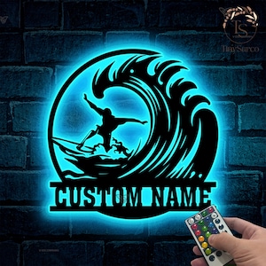 Personalized Wave Surfing Metal Sign Led Light, Surfer Name Sign, Water Sport Sign, Xmas Birthday Gift, Surfing Home Decor, Surf Beach House