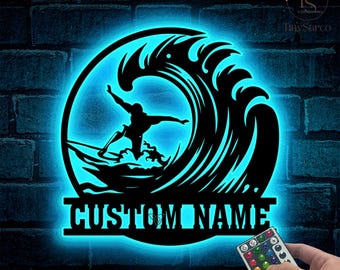 Letrero metálico personalizado con luz LED para surfear olas, letrero con nombre de surfista, letrero para deportes acuáticos, regalo de cumpleaños de Navidad, decoración de surf para el hogar, casa de playa para surfear