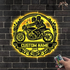 Custom Biker Couple Metal Sign Led Lights, Personalized Motorcycle Rider Wall Art For Decor Anniversary Gift Wedding Gift Motorcycle Wedding