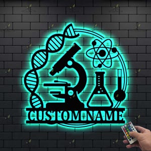 Puede incluir: Una obra de arte mural de temática científica en metal negro con un resplandor de neón turquesa. El diseño incluye una cadena de ADN, un microscopio, un modelo atómico y cristalería de laboratorio. El texto "CUSTOM NAME" está en la parte inferior.