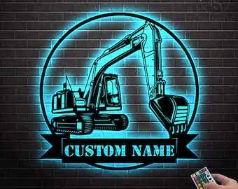 Personalized Excavator Driver Metal Wall Art LED Lights Custom Excavator Name Sign Home Decor Construction Decoration Birthday Xmas Dad Gift
