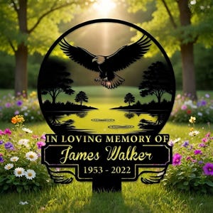 Custom Bald Eagle Memorial Gift, Personalized Loss of Father Grave Marker, Metal Remembrance Stake
