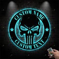 Custom Skull LED Metal Sign, Personalized Punisher Light Sign, Man Cave Decor,Biker Garage Gift,Gamer Room LED Art,Tough Guy Metal Wall Sign