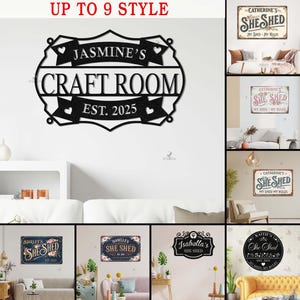 Letrero de metal personalizado &quot;She Shed&quot;, sala de pasatiempos única, regalo personalizado para artesanos, letrero &quot;She Shed&quot;, letrero para sala de pasatiempos, decoración de estudio, regalo para ella