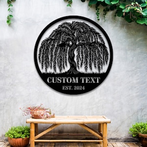 May include: Black metal wall art featuring a weeping willow tree design with the text "CUSTOM TEXT EST. 2024" below the tree.