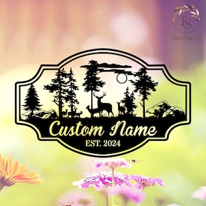 Targhe personalizzate in metallo con nome Deer Forest, targa con cognome per la casa, targa per cacciatore di cervi, targa in metallo da campeggio, regalo per papà, targa personalizzata per esterni in metallo