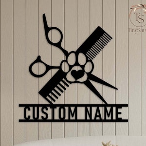 Personalized Dog Grooming Hair Salon Metal Wall Art, Pet Salon, Custom Groomer Name Sign Home Decor Pet Grooming Decoration Christmas Gift