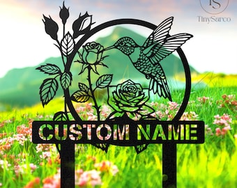 Custom Metal Garden Birds, Hummingbird with Stakes Garden Sign, Flower Design, Personalized Garden Sign, Custom Garden Name Sign, Home Gift