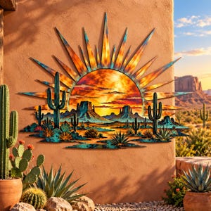 Puede incluir: Una pieza de arte mural de metal que representa un paisaje desértico con un diseño de rayos de sol. La escena muestra mesetas, cactus saguaro y plantas de agave en tonos naranja, amarillo y turquesa. Los rayos se extienden desde el sol central.