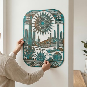 Metallväggkonst med ökensol, dekoration med saguarokaktus, skylt med sydvästra landskap, konst med bergssolnedgång