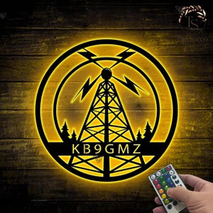 May include: A yellow circle with a black silhouette of a radio tower and lightning bolts inside. The text "KB9GMZ" is below the tower. The circle is on a wood background.
