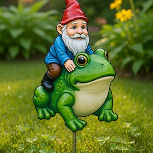 Garden Gnome Riding Frog Metal Stake, Funny Garden Gnome Decor, Metal Frog Yard Art, Outdoor Garden Gnome Statue