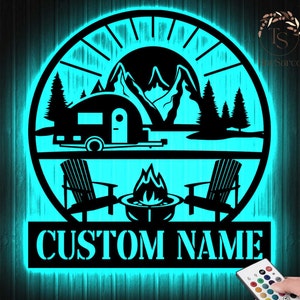 Custom Happy Campers Metal Yard Sign with LED Lights, Camping Car Trailer Stake, Campsite Decor, RV Decor, Outdoor Decor, Family Name Sign