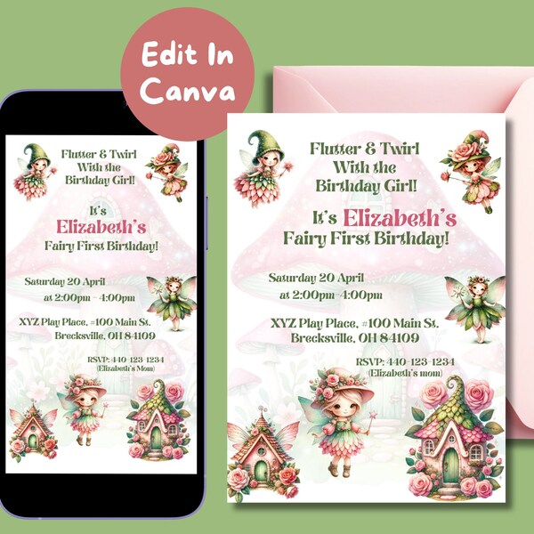 Editable Fairy Birthday Invitation, Fairy First Birthday, First Birthday Invitation, Mobile Invitation, Digital Download