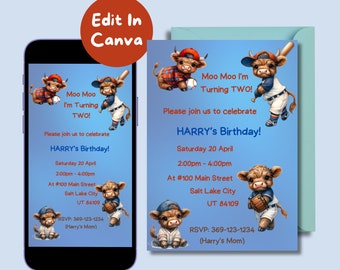 May include: A blue and white birthday invitation featuring a cartoon cow dressed in a baseball uniform. The invitation reads "Moo Moo I'm Turning TWO!" and invites you to celebrate Harry's birthday on Saturday, 20th April from 2:00pm to 4:00pm at 100 Main Street, Salt Lake City, UT 84109. The RSVP number is 369-123-1234.
