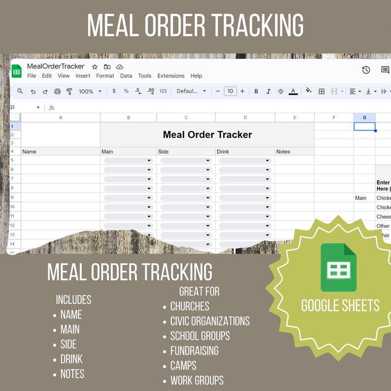 Group Meal Order Tracking Sheet | Google Sheets Track Meal Order for ...