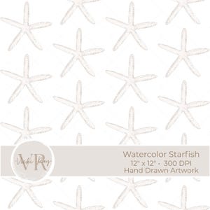 Op de afbeelding: Een herhalend patroon van aquarel zeesterren op een witte achtergrond. De afbeelding bevat de tekst "Watercolor Starfish 30,5 cm x 30,5 cm • 300 DPI Hand Drawn Artwork". De zeesterren zijn licht van kleur.