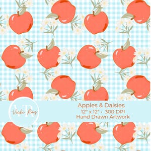 Apple Gingham Seamless Pattern Red Apple Daisy Blue Check Digital Paper Farmhouse Country Kitchen Fabric Teacher Fall Design Daisies Apples