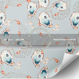 May include: Watercolor pattern featuring oysters, fishing nets, and pearls on a light blue background. The artwork includes the text "MORE BY VICKI RAY", "12" x 12" - 300 DPI", and "Hand Drawn Artwork". The design is suitable for coastal or nautical themes.