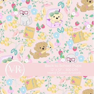以下が含まれることがあります： 漫画の子犬、ノート、ハサミ、花が描かれたピンク色のパターン。テキスト「Back to School Pups」が表示されます。デザインは30.48cm x 30.48cmで、手描きです。