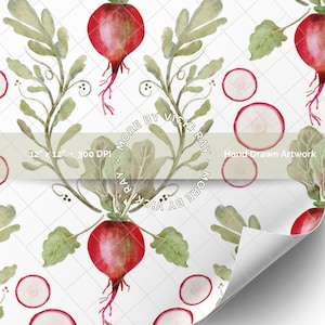 May include: A watercolor pattern featuring red radishes with green leaves and sliced radishes on a white background. The design includes text that reads "12" x 12" 300 DPI" and "Hand Drawn Artwork".