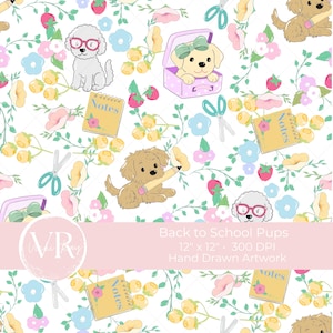 以下が含まれることがあります： パステルカラーの子犬、ノート、ハサミ、花をあしらった繰り返し模様。テキスト「Back to School Pups」はピンク色のバナーに表示されています。手描きの作品は30.48 cm x 30.48 cmです。