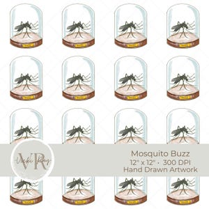 May include: Watercolor artwork featuring multiple glass domes, each showcasing a detailed mosquito specimen. The insects are set on a tan base with a wooden-like rim, and the domes are labeled "Buzz". The artwork is hand-drawn.