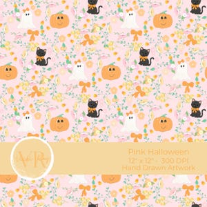 Kawaii Halloween Musterdesign, süßes rosa Pastell Girly Halloween Digital Papier, Kürbis Geist Katze Hintergrund Scrapbook Papier Download