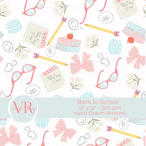 以下が含まれることがあります： 白地を背景に、学校をテーマにしたイラストの繰り返しパターン。 ピンク色のメガネ、鉛筆、リボン、マカロン、デイジー、メモ帳に「Have a happy day! mom」の文字が入っています。 アートワークは手描きです。