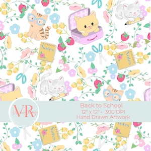 May include: A whimsical, hand-drawn pattern featuring cartoon kittens, notebooks, scissors, and flowers. The design includes the text "Back to School" and is 12 inches by 12 inches.