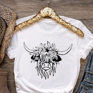Highland Cow T-Shirt, Cow Shirt, Cow with Flowers Tshirt, Funny Cow Shirt, Farm Tee, Boho T-shirt, Country Farm Shirt, Gift For Girlfriend