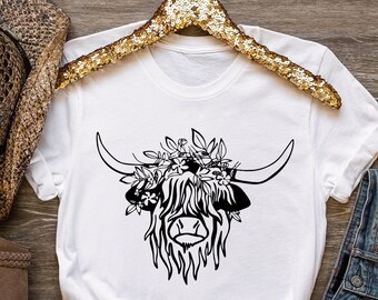 Highland Cow T-Shirt, Floral Crown, Boho Farm Tee