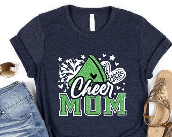 Cheer Mom Shirt, Faux Green Glitter, Mama Heart Design