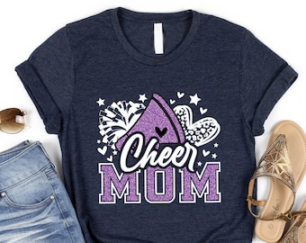 Cheer Mom T-Shirt, Faux Purple Glitter, Mama Heart Shirt