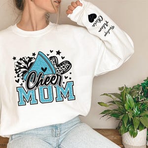 Personalized Faux Glitter Teal Cheer Mom sweatshirt, Custom Team Sweatshirts, Custom Cheer Mom, Sweatshirt with Kids Name on Sleeve